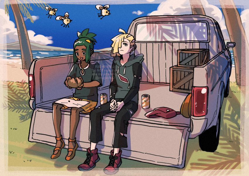 2boys :d absurdres ahoge beach black_pants black_shirt can closed_mouth cloud cutiefly dark-skinned_male dark_skin day floral_print food gladion_(pokemon) grass green_hair ground_vehicle hau_(pokemon) highres holding holding_food hood hood_down hoodie looking_down male_focus motor_vehicle mugiccha2 multiple_boys orange_footwear outdoors palm_tree pants pokemon pokemon_(creature) pokemon_(game) pokemon_sm red_footwear sand shirt shoes shore short_ponytail sitting sky smile torn_clothes torn_pants tree truck water