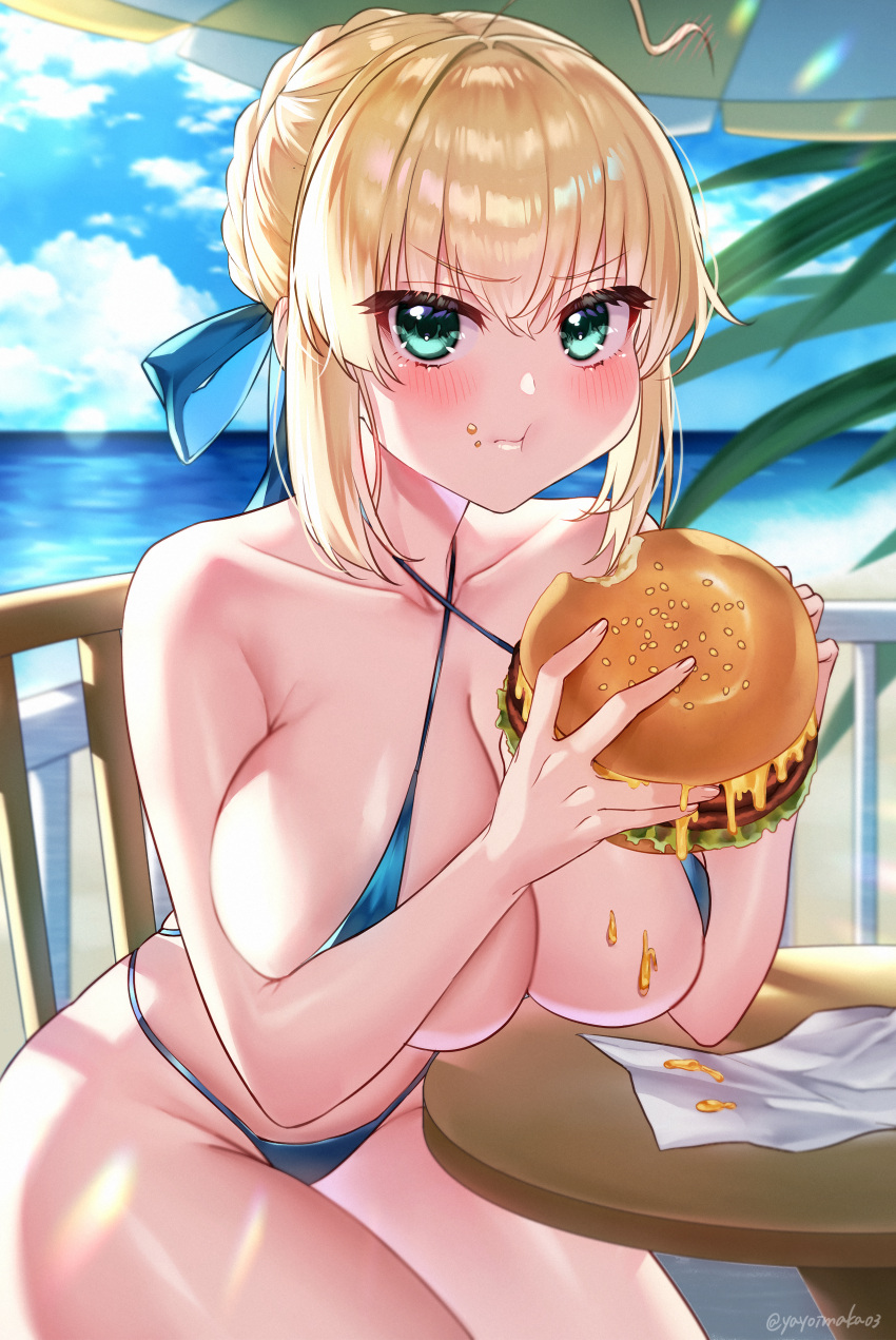 1girl :t absurdres ahoge alternate_breast_size artoria_pendragon_(fate) beach beach_umbrella bikini bikini_bottom bikini_top blonde_hair blue_bikini blue_sky blush breasts burger chair cheese cleavage cloud cloudy_sky eating fast_food fate/stay_night fate_(series) food food_on_face genderswap green_eyes hair_bun highres holding horizon huge_breasts ketchup lettuce ocean outdoors railing saber sky solo sunrise swimsuit table tomato umbrella wrapper yayoi_maka