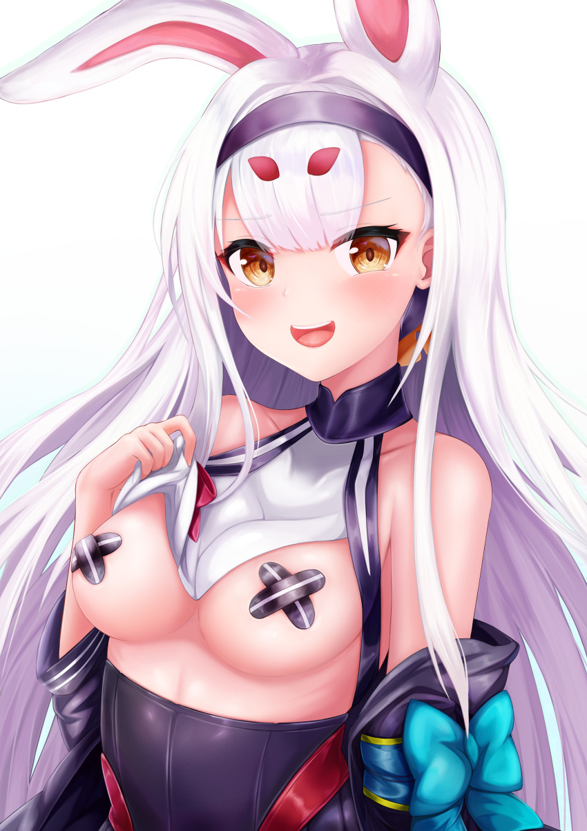 1girl absurdres animal_ears azur_lane bandaid bandaids_on_nipples bangs bare_shoulders black_hairband black_jacket blue_bow bow breasts brown_eyes commentary_request crossed_bandaids eyebrows_visible_through_hair hairband highres jacket long_hair long_sleeves off_shoulder open_clothes open_jacket pasties rabbit_ears ryara shimakaze_(azur_lane) short_eyebrows simple_background small_breasts solo thick_eyebrows upper_body very_long_hair white_background white_hair