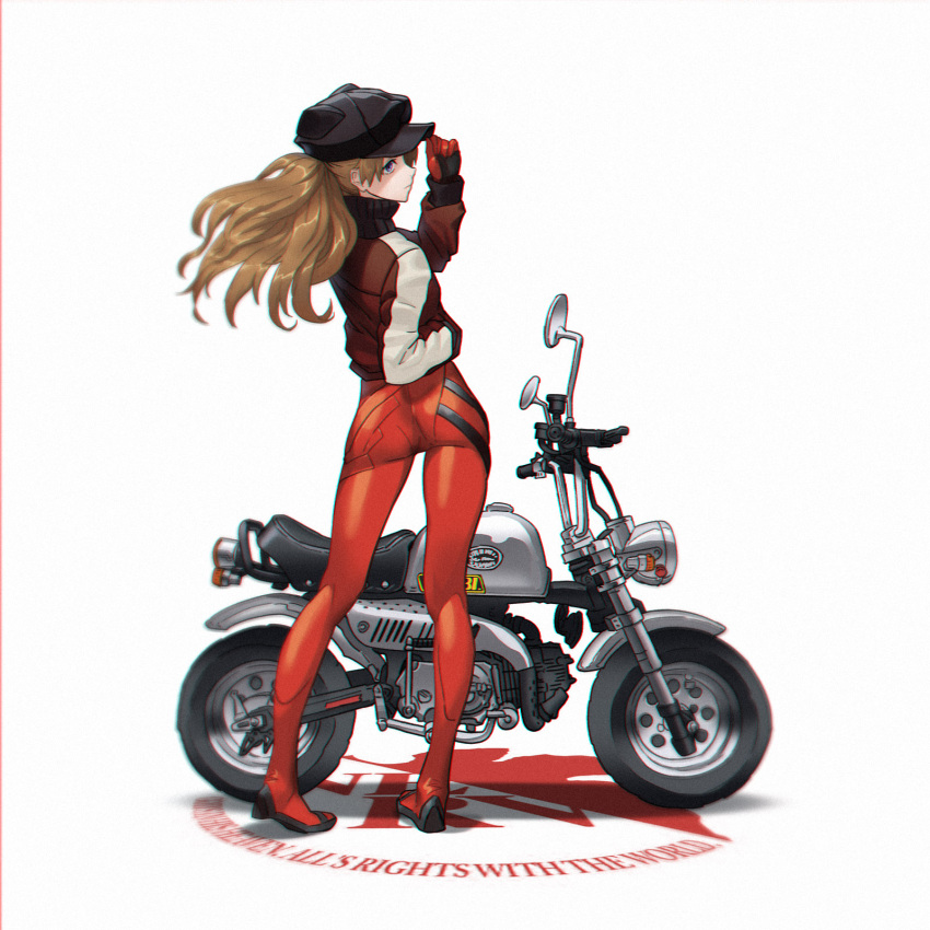 1girl adjusting_clothes adjusting_headwear ass bangs bodysuit evangelion:_3.0_you_can_(not)_redo gloves ground_vehicle hand_in_pocket highres jacket long_hair looking_at_viewer looking_back motor_vehicle motorcycle neon_genesis_evangelion orange_hair purple_eyes rebuild_of_evangelion red_theme simple_background solo souryuu_asuka_langley standing white_background yoshimitsu_kataha