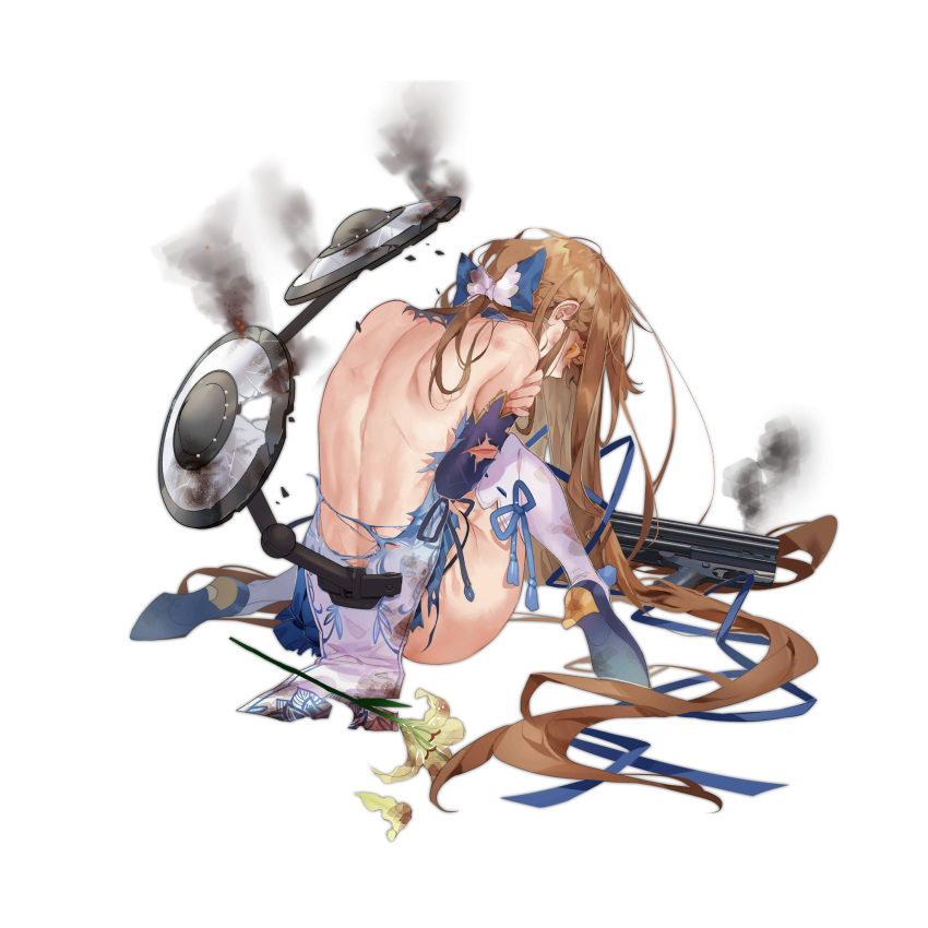 1girl bare_back brown_eyes brown_hair crossed_arms defender_(girls'_frontline) flower from_behind full_body girls'_frontline glaring gun hair_ribbon high_heels highres long_hair looking_at_viewer looking_back official_alternate_costume official_art petals profile ribbon ribbon-trimmed_legwear ribbon_trim shield shotgun sitting solo thighhighs torn_clothes transparent_background very_long_hair wariza weapon white_legwear zuizi