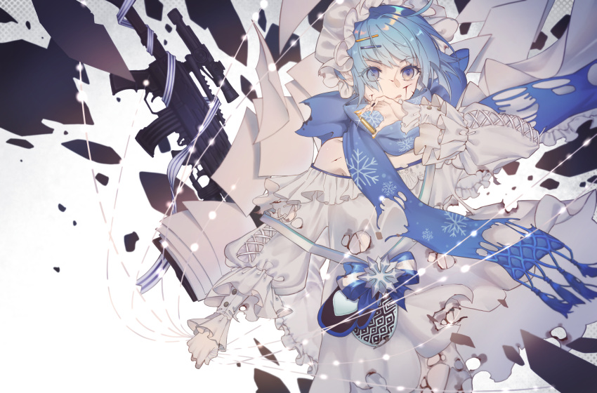 1girl ahoge bare_shoulders blood blue_eyes blue_hair blue_scarf cartridge commentary_request cuts dress eyebrows_visible_through_hair eyes_visible_through_hair frilled_dress frills girls'_frontline gradient_eyes hair_ornament hairclip hat highres holding holding_string injury licking_lips mob_cap multicolored_eyes nail_polish off-shoulder_dress off_shoulder paper rabb_horn ribbon scarf scope short_hair snowflake_print solo string tongue tongue_out torn_clothes torn_dress torn_scarf white_dress white_hair yellow_eyes zas_m21_(girls'_frontline) zas_m21_(gunshot_in_the_snow)_(girls'_frontline) zastava_m21