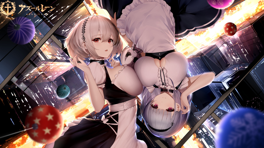 2girls an_yasuri apron azur_lane banned_artist bare_arms bare_shoulders black_dress breast_press breasts building city cityscape clothing_cutout dido_(azur_lane) dress frilled_dress frills grey_hair hairband hand_up highres large_breasts long_hair looking_at_viewer maid maid_apron maid_headdress multiple_girls official_art open_mouth purple_eyes red_eyes short_hair short_sleeves sirius_(azur_lane) skindentation sleeveless sleeveless_dress smile symmetrical_docking underboob underboob_cutout upside-down white_dress white_hair