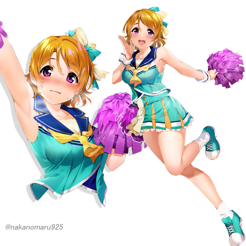 1girl absurdres arm_up armpits blush bow breasts brown_hair cheerleader full_body green_footwear green_skirt hair_bow highres koizumi_hanayo legs looking_at_viewer love_live! love_live!_school_idol_project medium_breasts nakano_maru open_mouth pom_pom_(cheerleading) purple_eyes shoes short_hair simple_background skirt sleeveless smile solo standing standing_on_one_leg thighs white_background