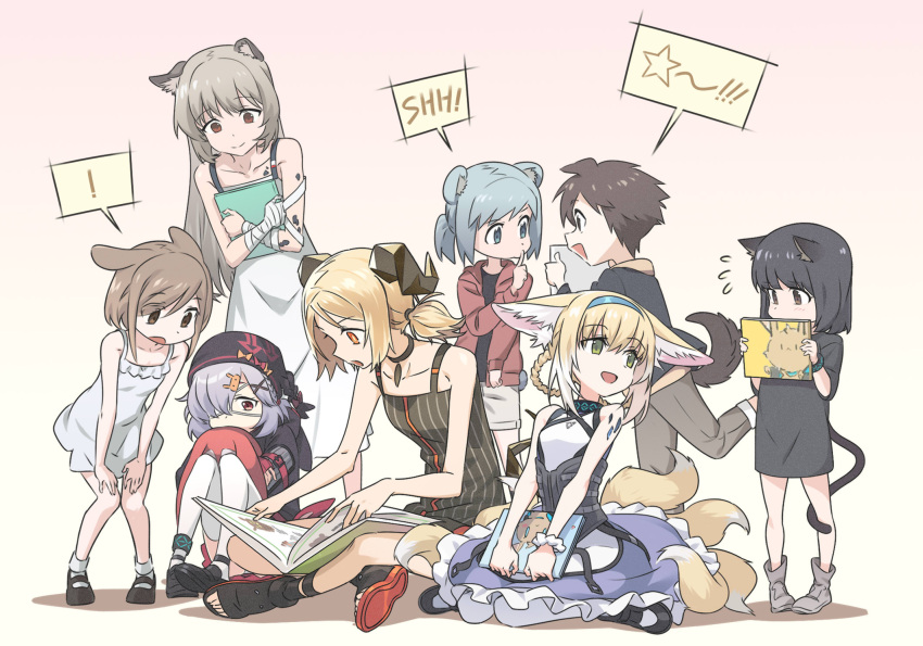 ! 1boy 6+girls animal_ear_fluff animal_ears anklet arknights bandaged_hand bandages bangs bare_shoulders beanie bear_ears bear_girl bear_tail black_dress black_footwear black_headwear black_shirt blonde_hair blue_eyes blue_hair blue_hairband blush book bracelet brown_eyes brown_footwear brown_hair brown_pants bunny_hair_ornament cat_ears cat_girl cat_tail child closed_mouth coat collarbone corset dog_boy dog_ears dog_tail dress eyebrows_visible_through_hair eyepatch finger_to_mouth flying_sweatdrops fox_ears fox_girl fox_tail frilled_skirt frills gradient gradient_background green_eyes hair_ornament hair_over_one_eye hairband hat highres holding holding_book horns ifrit_(arknights) jacket jewelry leaning_forward liang_chan_xing_make_tu long_hair low_twintails mary_janes multiple_girls multiple_tails open_clothes open_coat open_jacket orange_eyes oripathy_lesion_(arknights) pants pantyhose picture_(object) picture_book pigeon-toed pink_background ponytail popukar_(arknights) purple_hair purple_skirt rabbit_ears rabbit_girl reading red_eyes red_jacket scrunchie shirt shoes short_hair short_ponytail shorts shushing sidelocks silver_hair sitting skirt sleeveless sleeveless_dress smile speech_bubble spoken_exclamation_mark standing star_(symbol) striped striped_dress stuffed_animal stuffed_bunny stuffed_toy sundress suzuran_(arknights) tail thighhighs toeless_footwear twintails vertical-striped_dress vertical_stripes wariza white_dress white_hair white_legwear white_shorts wrist_scrunchie
