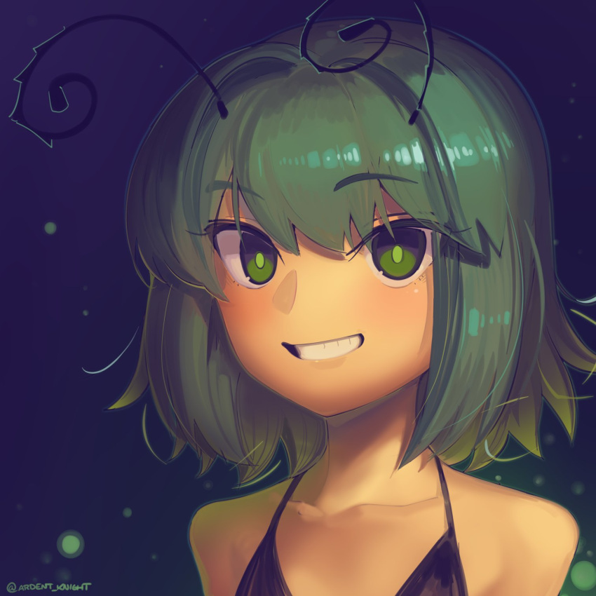 1girl antennae bikini black_bikini boa_(brianoa) green_eyes green_hair grin highres looking_at_viewer medium_hair portrait smile solo swimsuit touhou wriggle_nightbug