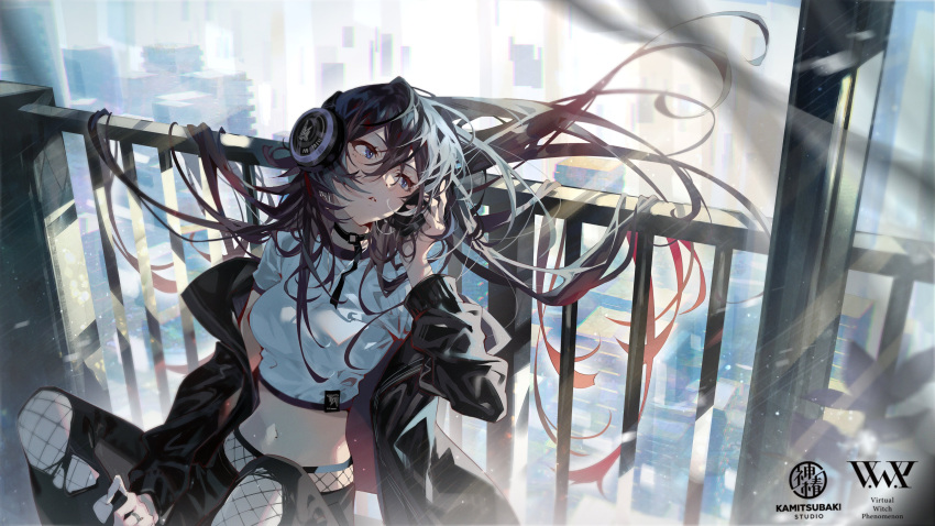 1girl absurdres arutera banned_artist black_choker black_hair black_jacket black_pants blue_eyes breasts choker crop_top fishnet_legwear fishnets floating_hair hair_between_eyes hand_up headphones highres jacket kamitsubaki_studio koko_(kamitsubaki_studio) long_hair long_sleeves looking_away medium_breasts midriff mole mole_under_eye navel off_shoulder official_art open_clothes open_jacket pants parted_lips shirt short_sleeves solo stomach torn_clothes torn_pants very_long_hair watermark white_shirt