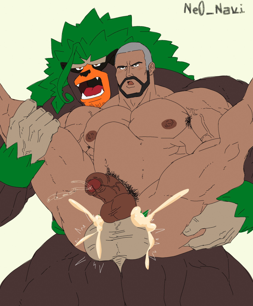 abdominal_bulge abs anal anal_penetration anthro balls beard big_balls big_muscles big_penis blush bodily_fluids brown_body brown_fur cum cum_in_ass cum_inside duo ejaculation facial_hair fur genital_fluids genitals green_hair hair hi_res holding_partner human interspecies larger_anthro male male/male mammal muscular muscular_anthro muscular_male navel ne0_navi nintendo nipples nude open_mouth pecs penetration penis peony_(pokemon) pok&eacute;mon pok&eacute;mon_(species) pok&eacute;philia precum primate rillaboom sex size_difference smaller_human smaller_penetrated spread_legs spreading stand_and_carry_position standing standing_sex video_games