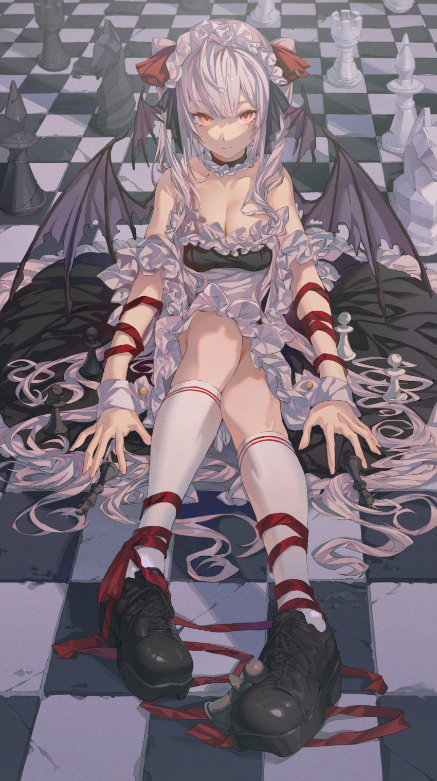 1girl absurdres ahoge bangs bishop_(chess) black_footwear blush breasts checkered_floor chess_piece cleavage closed_mouth commentary demon_wings dress english_commentary eyebrows_visible_through_hair hair_ribbon head_wings highres hong kneehighs knight_(chess) long_hair looking_at_viewer maid_headdress medium_breasts original pawn pink_eyes red_ribbon ribbon rook_(chess) shoes silver_hair solo twintails white_dress white_legwear wings wrist_cuffs