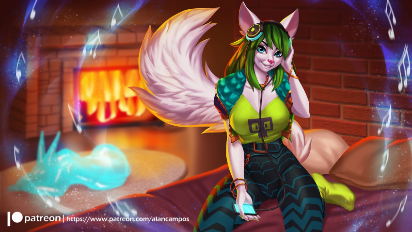 alanscampos anthro bed belt blue_eyes bracelet breasts canid canine cellphone clothing eyebrows eyelashes female fireplace fluffy fluffy_tail footwear fox fur furniture green_hair hair headphones hi_res holding_cellphone holding_object holding_phone holding_smartphone inside jewelry looking_at_viewer mammal musical_note necklace paladins phone pillow salt_(paladins) smartphone smile smiling_at_viewer socks solo topwear vest white_body white_fur