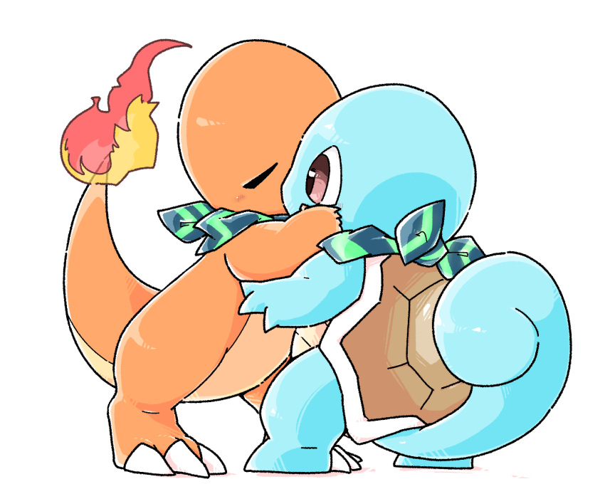3_fingers 5:4 5_fingers ambiguous_gender blue_body charmander clothing duo fingers fire flaming_tail green_scarf hi_res humanoid kissing light_blush nintendo orange_body pattern_clothing pattern_scarf pok&eacute;mon pok&eacute;mon_(species) pupils red_pupils scarf simple_background squirtle video_games white_background ちゃば