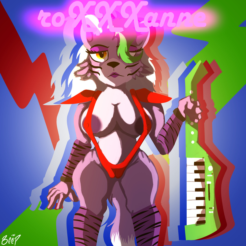 1:1 80's_theme absurd_res animatronic beep! canid canine canis female five_nights_at_freddy's five_nights_at_freddy's:_security_breach glamrock hi_res humanoid keyboard_instrument keytar machine mammal marketing musical_instrument poster robot robot_humanoid roxanne_wolf_(fnaf) scottgames solo video_games wolf wordplay