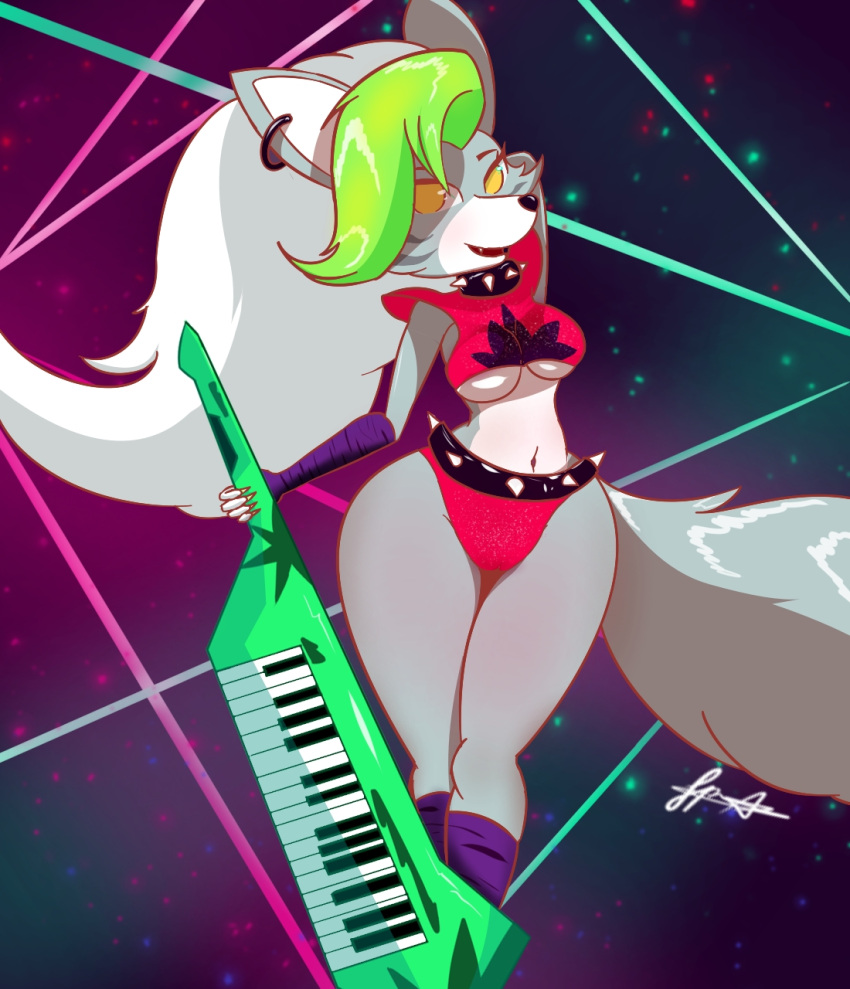anthro breasts canid canine canis clothing collar female five_nights_at_freddy's five_nights_at_freddy's:_security_breach fluffy fluffy_tail guitar hair hi_res keyboard legwear mammal musical_instrument neon_lights panties pinup pixyfox23 plucked_string_instrument ponytail pose roxanne_wolf_(fnaf) scottgames solo spiked_collar spikes stockings string_instrument thick_thighs underwear video_games wolf