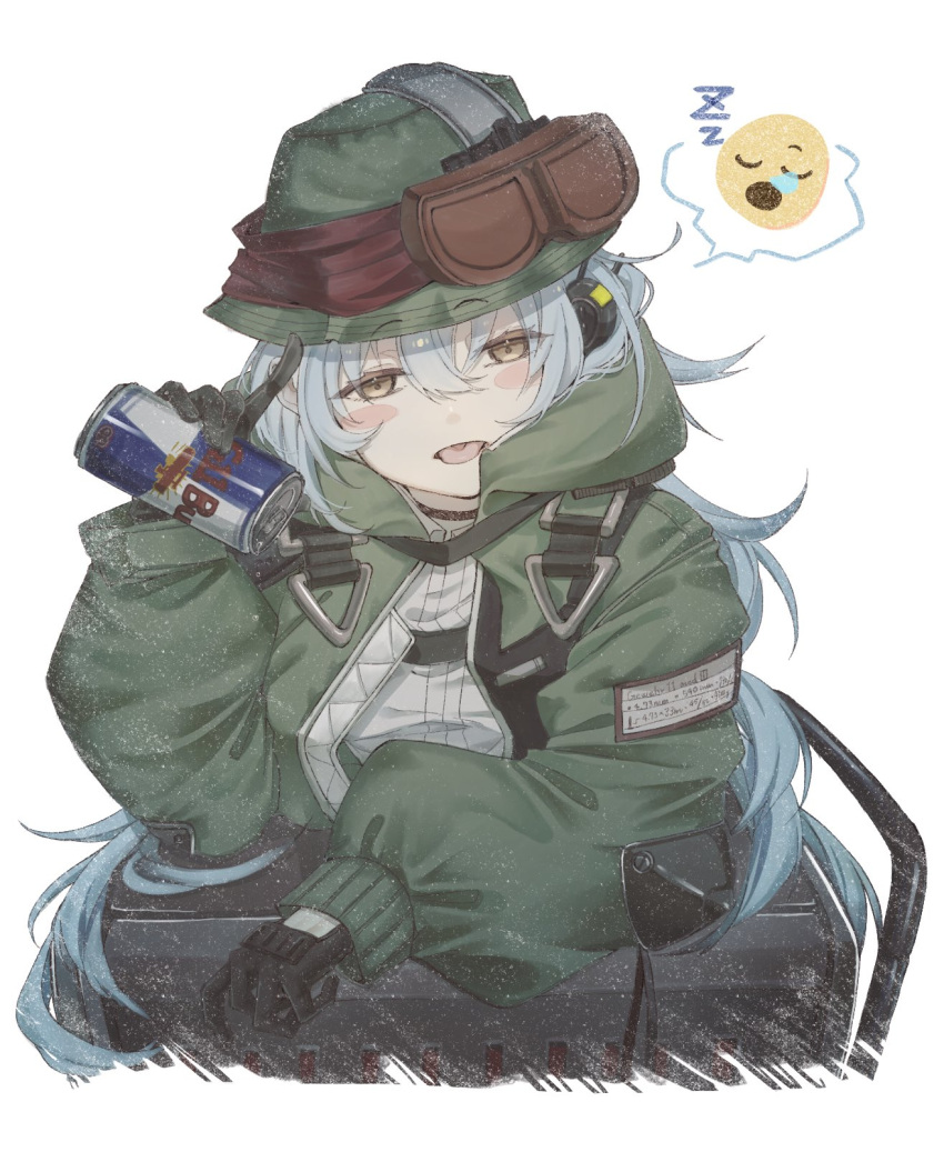 1girl black_gloves blue_hair blush_stickers can character_name commentary_request emoji empty eyebrows_visible_through_hat g11_(girls'_frontline) girls'_frontline gloves goggles goggles_on_head green_jacket hair_between_eyes hat highres jacket looking_at_viewer mod3_(girls'_frontline) rabb_horn red_bull simple_background solo spoken_emoji tongue white_background yellow_eyes zzz