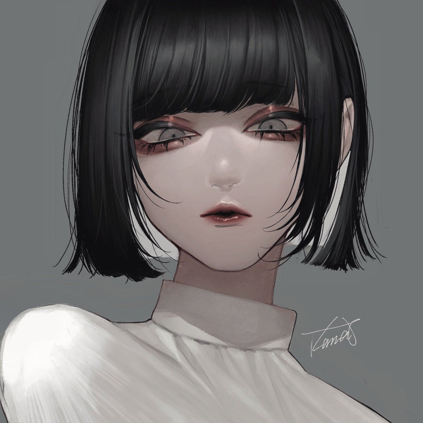 1girl archived_source bangs black_hair eyeshadow grey_background grey_eyes highres kamato_il makeup original portrait shadow shirt short_hair signature simple_background solo white_shirt