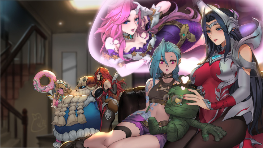 2boys 5girls :o absurdres amumu arcane_jinx arm_tattoo armor asymmetrical_bangs bangs bard_(league_of_legends) bare_shoulders belt black_bodysuit black_hair blonde_hair blurry blurry_background bodysuit braid breasts brown_belt brown_choker brown_hair brown_legwear choker cleavage cloud_tattoo commentary_request couch dress eyebrows_visible_through_hair foot_up frills glasses gloves hair_ornament hand_on_another's_hip hand_up happy highres holding horns indoors irelia jinx_(league_of_legends) large_breasts league_of_legends long_hair lying medium_breasts miss_fortune_(league_of_legends) multiple_boys multiple_girls mummy official_alternate_costume on_side open_mouth pantyhose parted_lips pd_(pdpdlv1) pink_dress pink_eyes pink_hair pink_shorts purple_dress red_hair seraphine_(league_of_legends) shiny shiny_hair shoes short_dress short_hair shorts shoulder_tattoo single_horn sitting small_breasts smile soraka_(league_of_legends) stairs star_(symbol) stomach_tattoo tattoo tearing_up teeth thought_bubble twin_braids white_gloves winter_clothes yordle