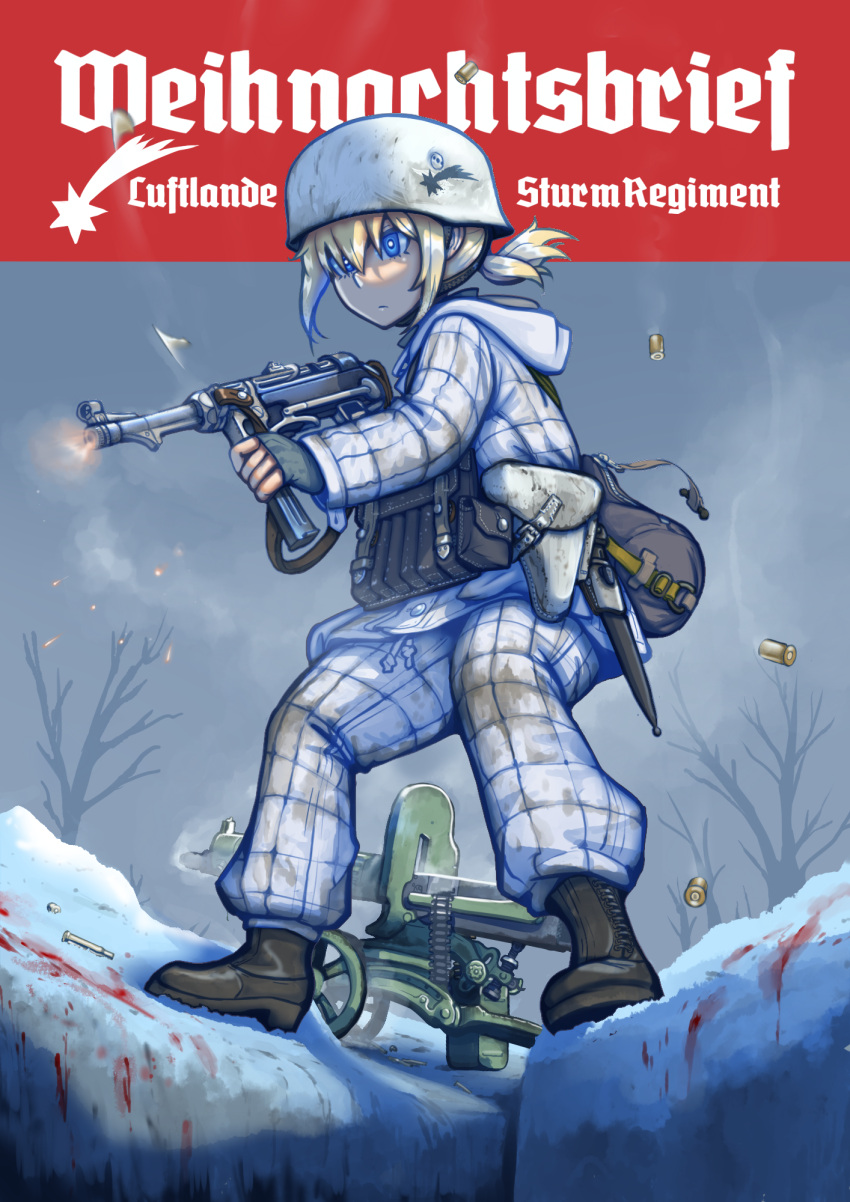 1girl black_footwear blonde_hair blue_eyes boots erica_(naze1940) gun helmet highres holding holding_gun holding_weapon long_sleeves low_ponytail machine_gun maxim_gun military military_uniform mp40 original outdoors pants shell_casing short_ponytail sidelocks snow solo stahlhelm submachine_gun tree uniform weapon white_pants winter world_war_ii