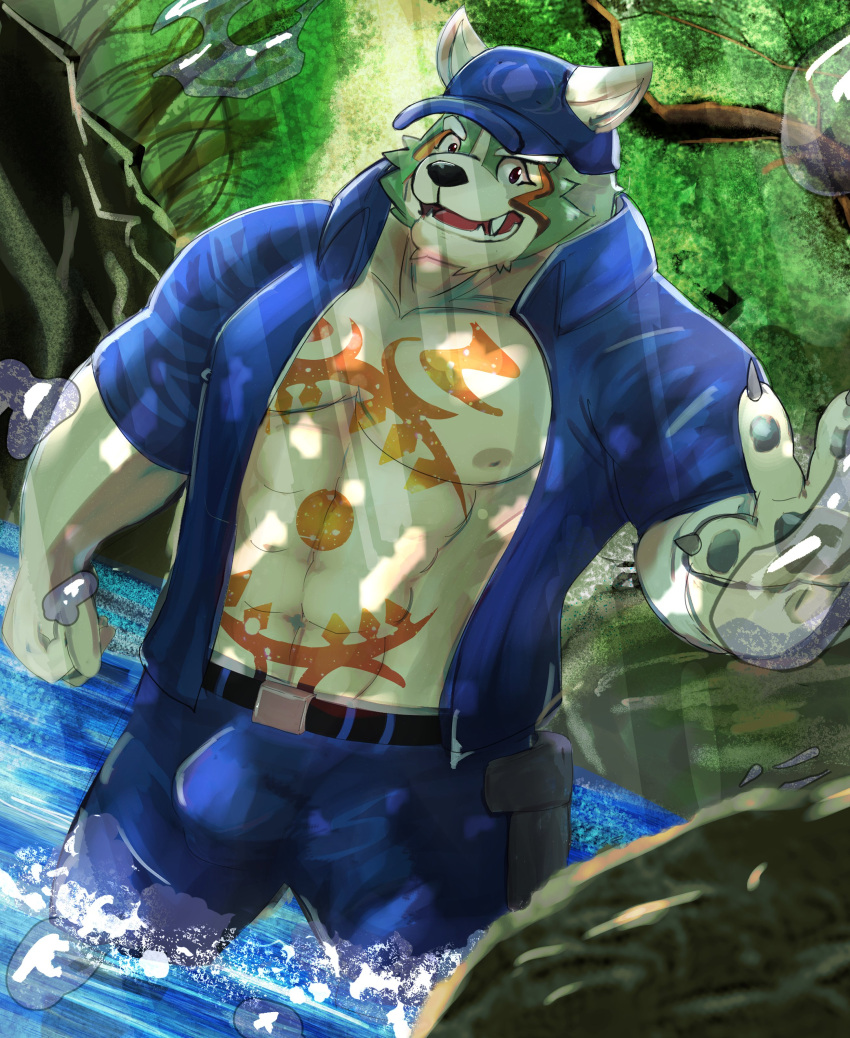 abs absurd_res anthro asian_mythology bulge clothed clothing detailed_background east_asian_mythology foo_dog hi_res japanese_mythology komainu lifewonders male mammal martuguma muscular muscular_anthro muscular_male mythology navel nipples oguchi_magami_(tas) open_clothing open_shirt open_topwear pecs police_officer police_uniform river shirt solo tattoo tokyo_afterschool_summoners topwear uniform video_games water yōkai