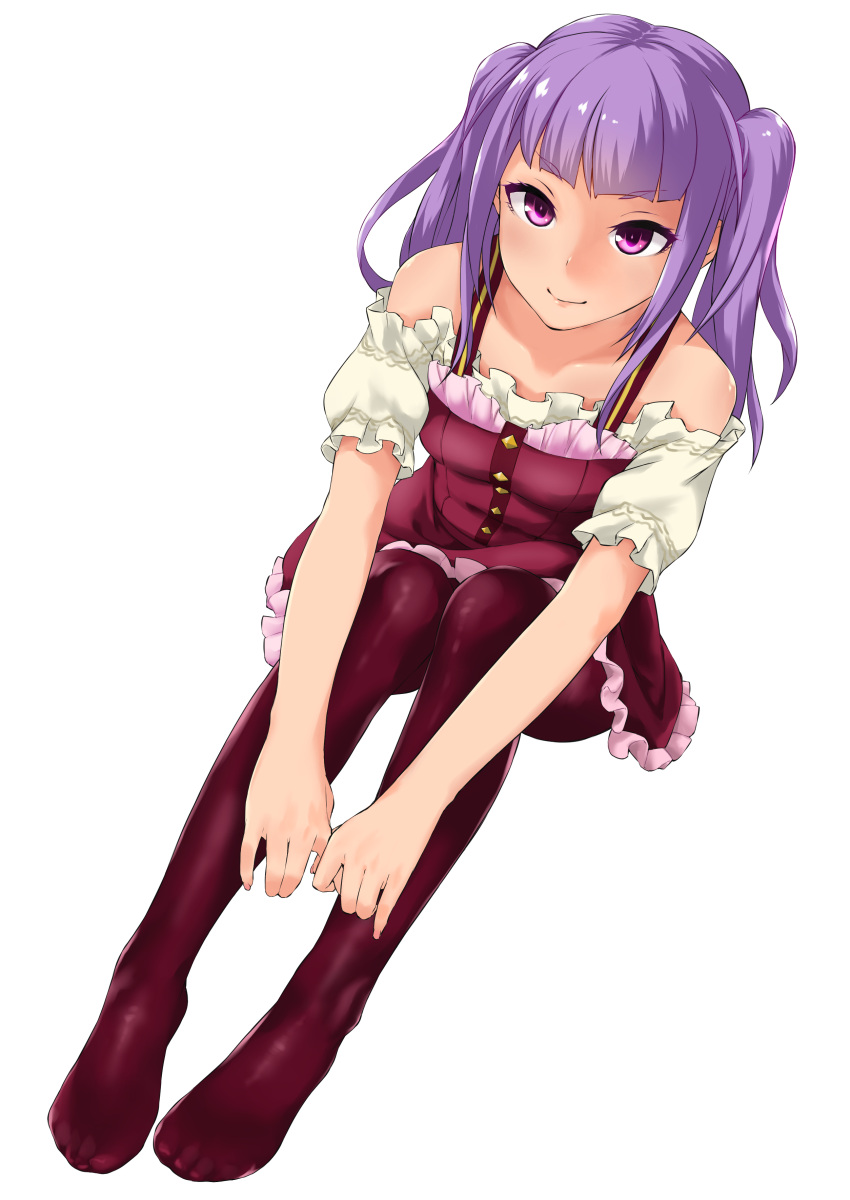 1girl absurdres alice_gear_aegis bangs bare_shoulders breasts closed_mouth dress feet frilled_dress frilled_sleeves frills fukuinu full_body highres hugging_own_legs ichijou_ayaka legs long_hair looking_at_viewer pantyhose purple_dress purple_eyes purple_hair purple_legwear short_sleeves simple_background sitting small_breasts smile solo twintails white_background