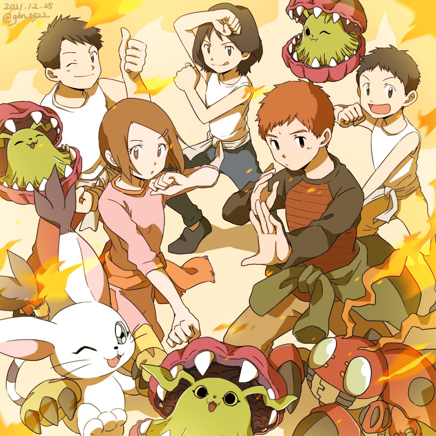 :3 anthro bandai_namco bivalve blush digimon digimon_(species) digimon_adventure_02 female gatomon gdn0522 group hi_res hikari_kamiya human izzy_izumi kung_fu male mammal marine mollusk one_eye_closed oyster syakomon tentomon wink