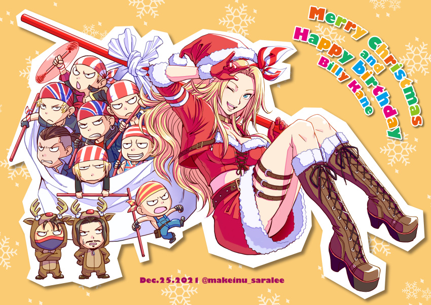 1girl bandana billy_kane boots christmas fatal_fury fur-trimmed_headwear fur_trim genderswap genderswap_(mtf) gift gloves hat highres holding holding_sack kisaragi_eiji makeinu multiple_boys multiple_persona pretty_billy_kane red_gloves robert_garcia sack santa_boots santa_claus santa_costume santa_hat snk the_king_of_fighters the_king_of_fighters_'95 the_king_of_fighters_'97 the_king_of_fighters_2003 the_king_of_fighters_all-stars the_king_of_fighters_for_girls the_king_of_fighters_xiv three_section_staff