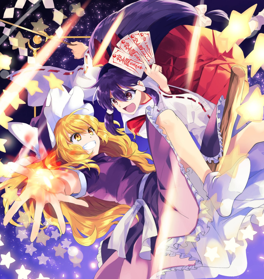 2girls aerial_battle bangs battle between_fingers bloomers blush bow broom broom_riding commentary_request danmaku dress eyelashes frilled_dress frills grin hair_bow hair_tubes hakurei_reimu hakurei_reimu_(pc-98) happy hat highres holding holding_stick japanese_clothes katayama_kei kirisame_marisa kirisame_marisa_(pc-98) long_hair long_sleeves looking_at_another multiple_girls ofuda outstretched_arm purple_dress purple_eyes purple_hair purple_headwear red_bow ribbon-trimmed_sleeves ribbon_trim sidelocks smile socks staff stick teeth touhou touhou_(pc-98) underwear white_legwear wide_sleeves witch_hat yellow_eyes