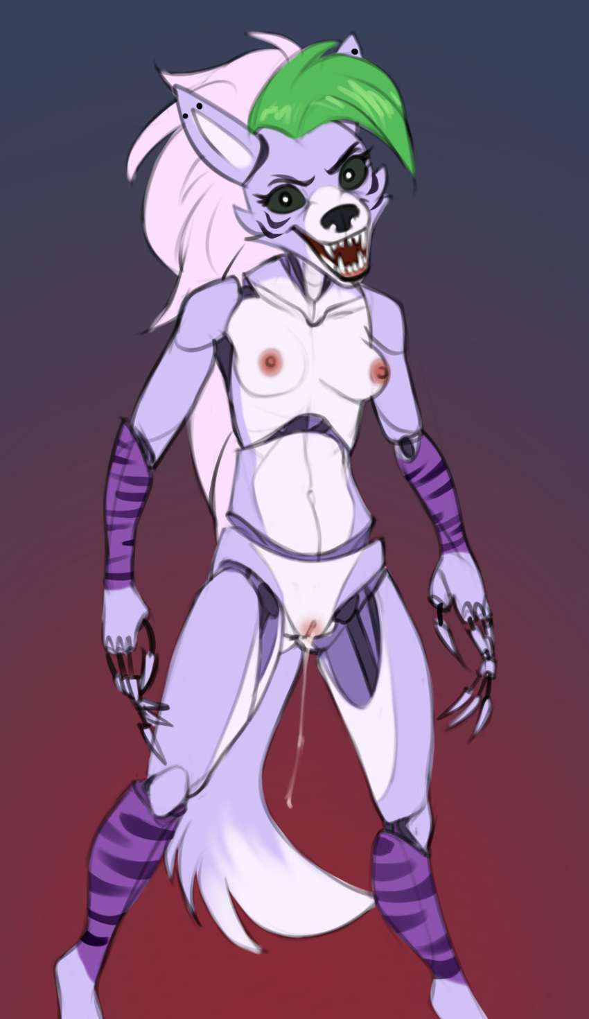 absurd_res anthro bodily_fluids breasts canid canine canis claws cum cum_drip cybernetics discreet_user dripping fangs female five_nights_at_freddy's five_nights_at_freddy's:_security_breach genital_fluids genitals hi_res machine mammal pussy roxanne_wolf_(fnaf) scary scary_face scottgames solo video_games wolf