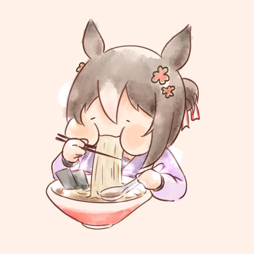 1girl absurdres animal_ears bangs bowl brown_hair chopsticks closed_eyes clover clover_hair_ornament commentary_request eating fine_motion_(umamusume) food food_in_mouth hair_between_eyes hair_bun hair_ornament hair_ribbon highres holding holding_chopsticks holding_spoon horse_ears horse_girl imasogari long_hair long_sleeves multicolored_hair noodles nori_(seaweed) purple_shirt ramen ribbon school_uniform shirt sidelocks simple_background solo spoon steam tracen_school_uniform two-tone_hair umamusume white_hair winter_uniform