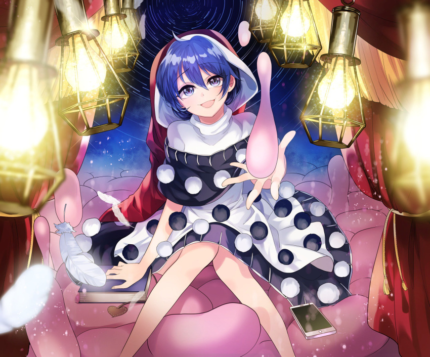 1girl :d bangs black_capelet black_dress blob blue_eyes blue_hair book breasts capelet commentary_request dark_blue_hair doremy_sweet dream_soul dream_world_(touhou) dress eyebrows_visible_through_hair eyelashes feathers feet_out_of_frame hair_over_one_eye half-closed_eyes hat head_rest highres holding katayama_kei knees_together_feet_apart legs light_bulb looking_at_viewer nightcap off_shoulder open_mouth pom_pom_(clothes) red_curtains red_headwear santa_hat shiny shiny_hair short_dress short_hair short_sleeves sitting small_breasts smile smug solo sparkle tail tapir_tail touhou