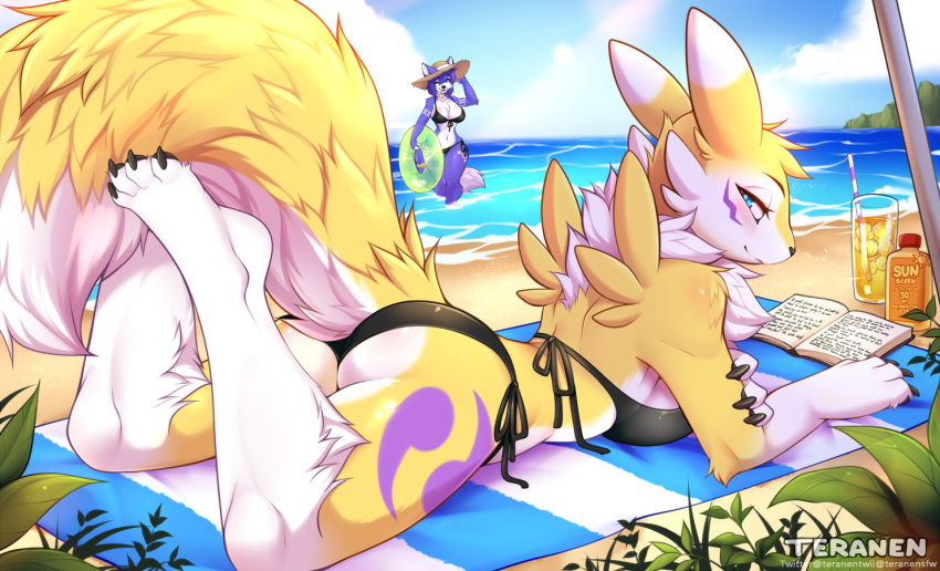 2girls animal_ears ass beach bikini black_bikini blue_eyes breasts cleavage cup day digimon drinking_glass drinking_straw furry furry_female krystal large_breasts lying multiple_girls on_stomach outdoors renamon star_fox swimsuit tail teranen