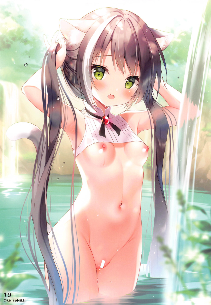 1girl absurdres animal_ear_fluff animal_ears bangs bar_censor bare_shoulders black_hair blush bottomless breasts cat_ears cat_girl cat_tail censored cropped_shirt day eyebrows_visible_through_hair fang futaba_miwa green_eyes highres karyl_(princess_connect!) long_hair looking_at_viewer multicolored_hair navel nipples non-web_source open_mouth outdoors page_number partially_submerged princess_connect! ripples scan shirt sidelocks skin_fang sleeveless sleeveless_shirt small_breasts solo standing stomach streaked_hair tail tail_raised twintails very_long_hair water wet wet_hair white_hair