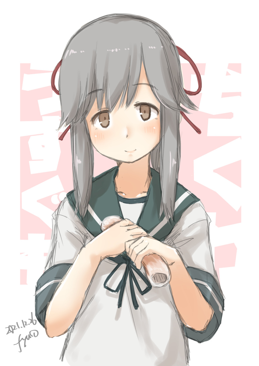 1girl absurdres brown_eyes chikuwa commentary_request food fyuo grey_hair grey_sailor_collar hair_ribbon highres holding kantai_collection long_hair looking_at_viewer one-hour_drawing_challenge ponytail ribbon sailor_collar solo upper_body usugumo_(kancolle)