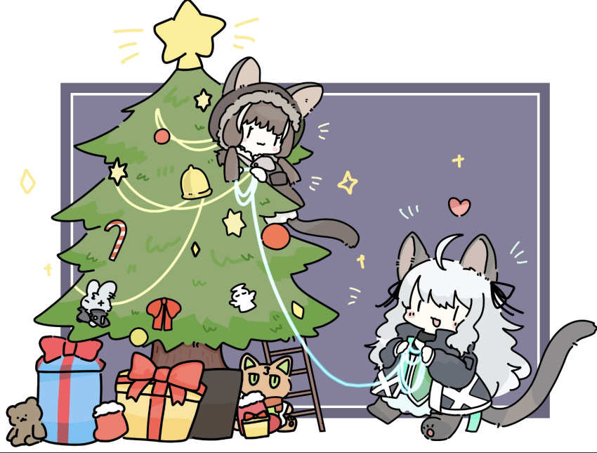 2girls :3 :d ahoge animal_ears arknights bell black_jacket black_ribbon blush_stickers box brown_footwear brown_hair candy candy_cane cat_ears cat_girl cat_tail chibi christmas christmas_ornaments christmas_stocking christmas_tree closed_mouth commentary_request dress ears_through_headwear food fur-trimmed_hood fur_trim gift gift_box green_necktie grey_hair heart highres honeyberry_(arknights) hood hood_up hooded_jacket jacket ladder long_hair mint_(arknights) multicolored_hair multiple_girls necktie paw_shoes ribbon smile streaked_hair stuffed_animal stuffed_cat stuffed_toy tail teddy_bear very_long_hair white_dress white_hair |_|