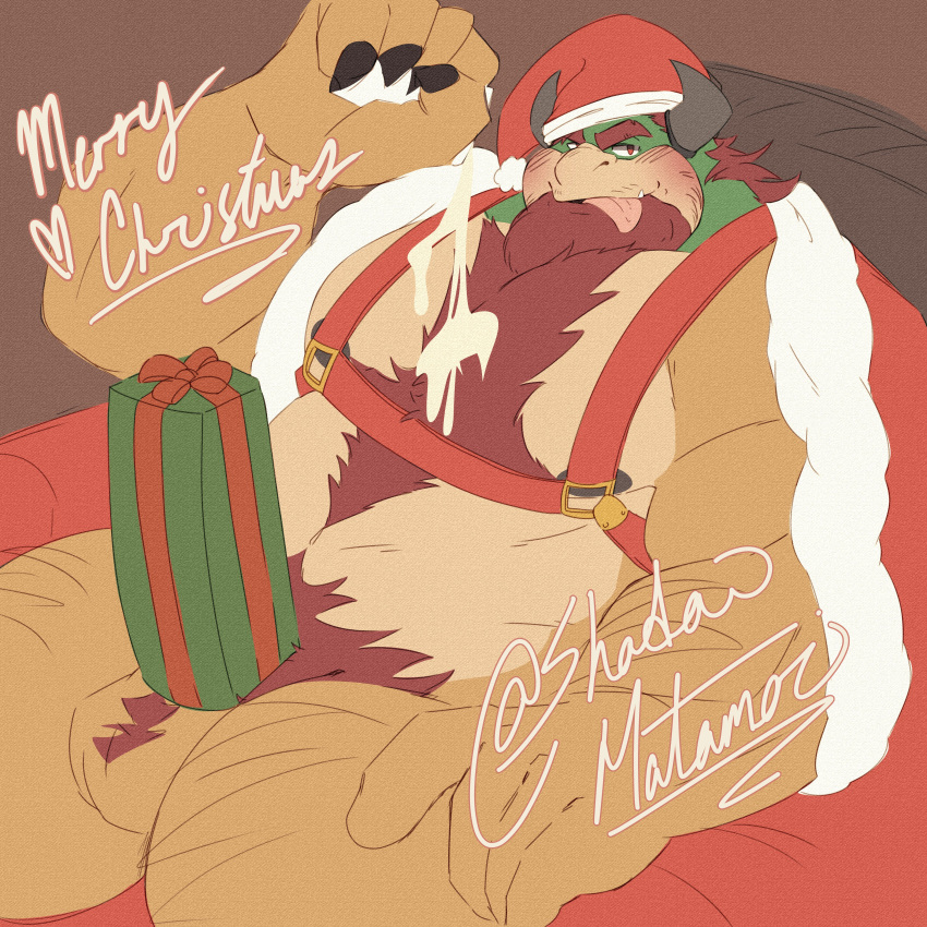 &lt;3 2021 absurd_res anthro balls beard belly big_belly big_muscles blush body_hair bottle bowser brown_background chest_hair christmas christmas_clothing christmas_headwear christmas_present clothed clothing eyebrows facial_hair genitals hair harness hat headgear headwear hi_res holding_bottle holding_object holidays horn huge_muscles koopa looking_at_viewer lotion male mario_bros musclegut muscular muscular_anthro muscular_male nintendo nipples open_clothing open_robe overweight overweight_anthro overweight_male pubes robe santa_hat scalie seductive shadowmatamori signature simple_background sitting smile solo text url video_games