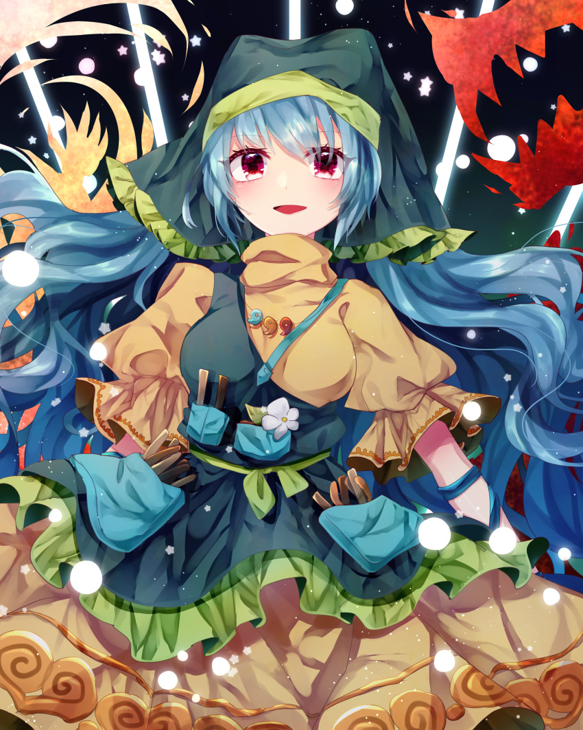 1girl absurdres apron blue_hair blush chisel dress eyebrows_visible_through_hair flower green_apron green_headwear hair_between_eyes haniyasushin_keiki head_scarf highres long_hair magatama magatama_necklace open_mouth red_eyes short_sleeves smile solo soraki_(marisa_syou) touhou upper_body white_flower wood_carving_tool yellow_dress