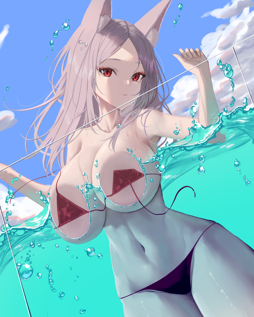 1girl absurdres against_glass animal_ears bbolalus bikini bikini_top_removed breast_press breasts breasts_on_glass covered_nipples highres in_water large_breasts looking_at_viewer navel original red_bikini red_eyes solo swimsuit underwater water white_bikini white_hair