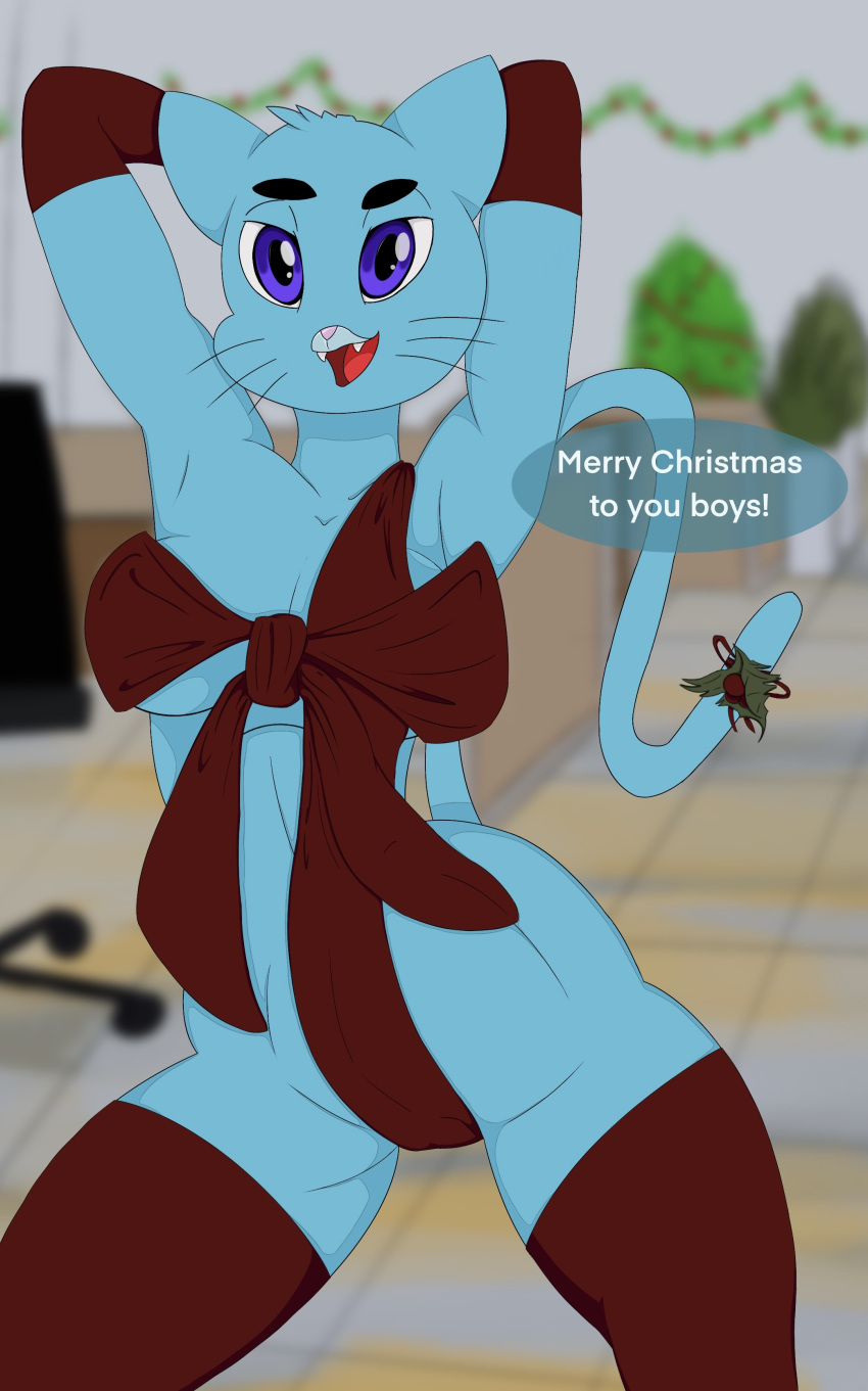 absurd_res anthro artist_bulkca1783 blue_body blue_fur breasts cartoon_network christmas clothing domestic_cat felid feline felis female fur hi_res holidays intersex legwear mammal nicole_watterson smile solo stockings the_amazing_world_of_gumball