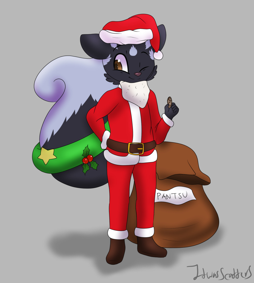 5_fingers anthro belt belt_buckle big_tail black_body black_fur boots brown_eyes christmas christmas_clothing christmas_headwear christmas_wreath clothing cookie costume fingers fluffy fluffy_tail food footwear full-length_portrait fur hat headgear headwear hi_res holding_cookie holding_food holding_object holidays holly_(plant) itwasscatters lemmy_(lemmy_niscuit) male mammal mephitid multicolored_body multicolored_fur plant plantigrade portrait sack santa_costume santa_hat signature simple_background skunk solo spotted_skunk star text two_tone_body two_tone_fur white_body white_fur wreath