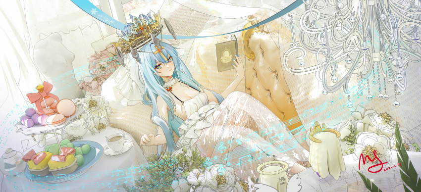 +_+ 1girl absurdres alternate_breast_size alternate_costume artist_name azur_lane blue_eyes blue_hair blue_nails book breasts champagne_(azur_lane) chandelier cleavage cross_hair_ornament crown cup dated dress floating floating_object flower food full_body hair_ornament highres holding holding_book long_hair looking_at_viewer macaron medium_breasts mr-mc musical_note musical_note_print nail_polish pink_flower see-through smile solo tiered_tray very_long_hair white_dress white_flower