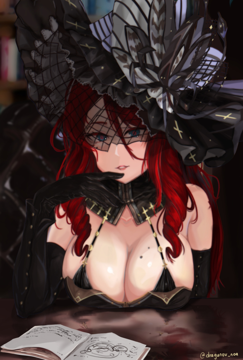 artist_name black_dress black_headwear book bookshelf breasts cross dragunov_noa dress elbow_gloves fishnet_fabric gloves hat hat_ribbon highres long_hair looking_at_viewer mole mole_on_breast mole_under_eye motemote_maou_no_isekai_boukenroku paris_(motemote_maou) red_hair ribbon table twitter_username witch witch_hat
