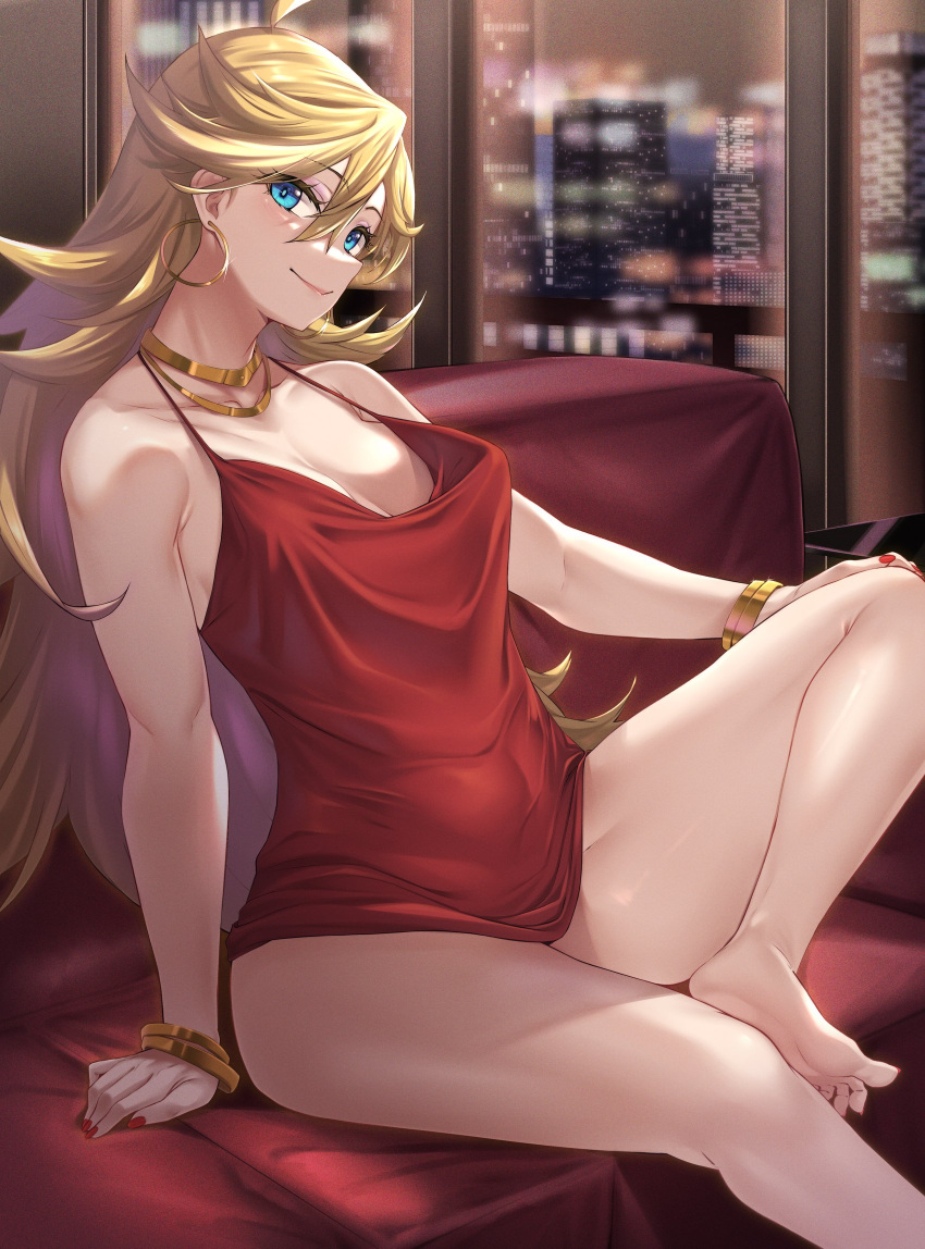 1girl bangle bare_legs bare_shoulders barefoot blonde_hair blue_eyes bracelet breasts camisole city cityscape earrings feet foot_out_of_frame gold_bracelet gold_earrings hair_between_eyes hand_on_own_knee highres hoop_earrings jewelry legs lips long_hair looking_at_viewer medium_breasts moisture_(chichi) nail_polish necklace panty_&amp;_stocking_with_garterbelt panty_(psg) red_camisole red_nails sitting smile soles solo thighs toes