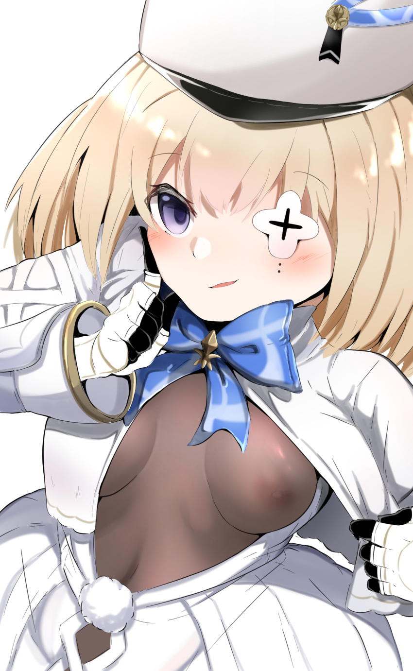 1girl absurdres azur_lane black_gloves blonde_hair blue_bow bodystocking bow breast_curtains breasts dress eyebrows_visible_through_hair eyepatch gloves highres le_terrible_(azur_lane) looking_at_viewer nipples purple_eyes see-through simple_background small_breasts solo tadai_nu white_background white_dress white_headwear