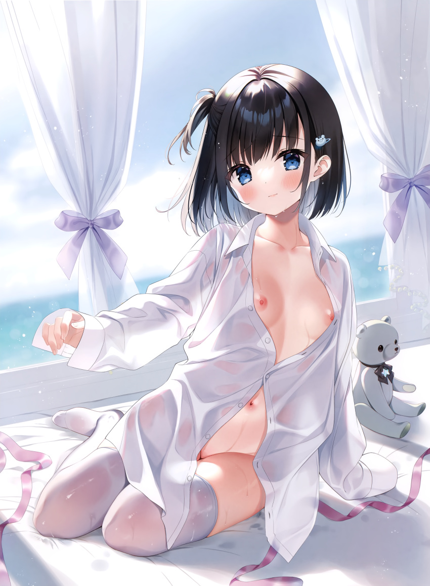 1girl absurdres bangs bear_hair_ornament bed_sheet bikini black_bikini black_ribbon blue_eyes blush breasts eyebrows_visible_through_hair eyelashes futaba_miwa hair_ornament hairclip highres indoors long_sleeves looking_at_viewer no_shoes non-web_source one_side_up open_clothes open_mouth open_shirt original oversized_clothes partially_unbuttoned ribbon scan shirt short_hair sitting sleeves_past_wrists small_breasts smile solo stuffed_animal stuffed_toy swimsuit teddy_bear thighhighs white_legwear white_shirt window yokozuwari
