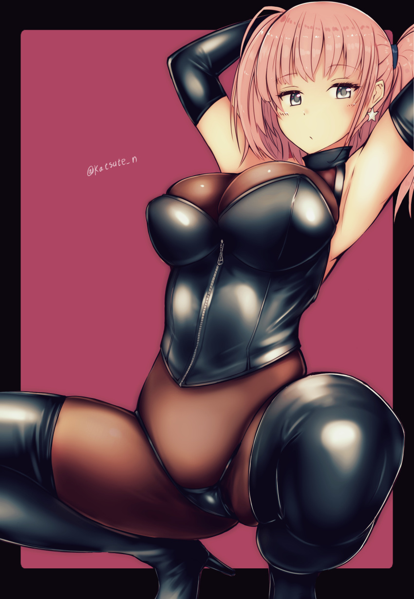 1girl absurdres armpits arms_behind_head arms_up atlanta_(kancolle) bare_shoulders bdsm black_footwear black_gloves black_panties bodysuit boots breasts brown_hair commentary_request corset earrings elbow_gloves gloves grey_eyes high_heel_boots high_heels highres jewelry kantai_collection katsuten large_breasts leather leather_boots leather_gloves long_hair looking_at_viewer panties see-through sheer_bodysuit shiny shiny_clothes skin_tight solo spread_legs squatting star_(symbol) star_earrings thigh_boots thighhighs two_side_up underwear