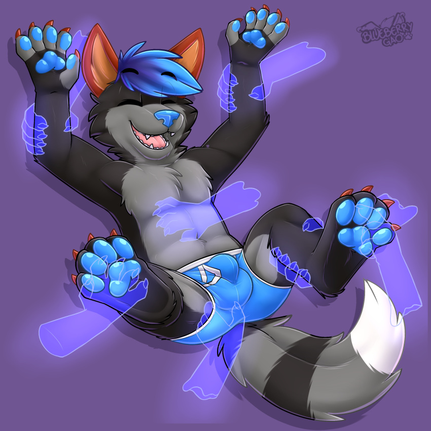 absurd_res alexthefoxcoon anthro arms_above_head barely_visible_genitalia blue_hair bulge dipstick_tail gaokun genital_outline genitals hair hi_res hybrid legs_held_open legs_in_air male markings sheath_outline solo tail_markings tickling tuft