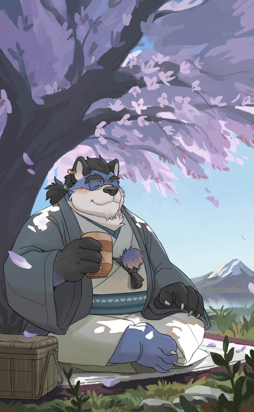 2021 absurd_res anthro asian_clothing black_nose blue_body blush canid canine clothing detailed_background east_asian_clothing eyes_closed eyewear glasses hi_res humanoid_hands huynhduyad14 japanese_clothing kemono male mammal outside overweight overweight_male sitting solo white_body