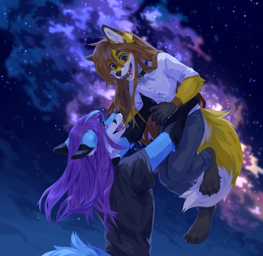 2021 4_toes 5_fingers anthro brown_hair canid canine clothed clothing detailed_background digital_media_(artwork) duo emerarudoshika feet fingers fox hair hi_res long_hair male mammal night open_mouth outside purple_hair sky smile star starry_sky teeth toes tongue