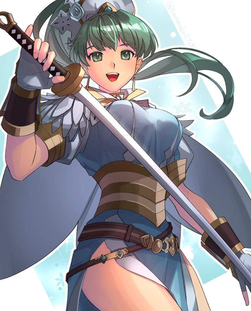 1girl a_(user_vtsy8742) alternate_costume belt blue_dress capelet dress fingerless_gloves fire_emblem fire_emblem_heroes gloves green_eyes green_hair hair_ornament high_ponytail highres katana long_hair looking_at_viewer lyn_(fire_emblem) open_mouth ponytail smile sword thighs weapon white_capelet