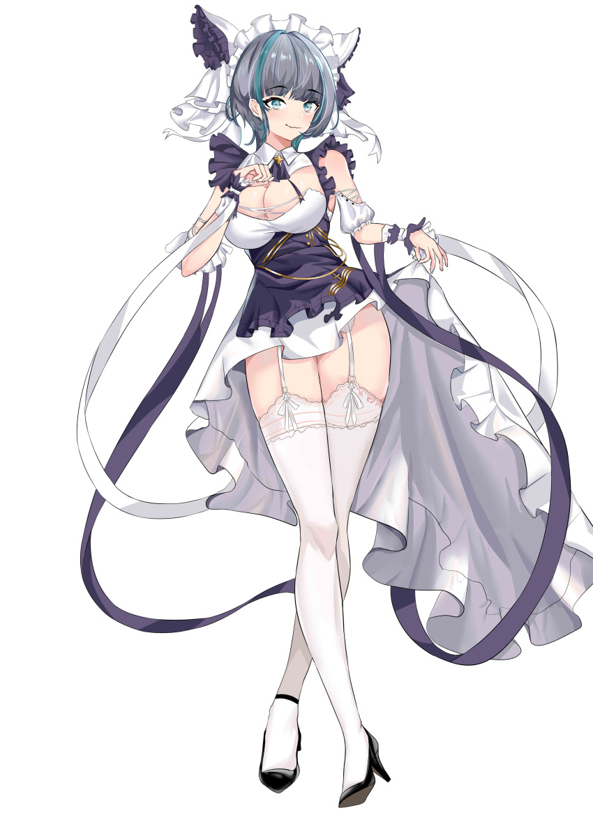 1girl absurdres animal_ears azur_lane black_footwear blue_eyes blue_hair breasts cheshire_(azur_lane) cleavage dress fake_animal_ears frilled_dress frills garter_straps high_heels highres large_breasts looking_at_viewer multicolored_hair puffy_short_sleeves puffy_sleeves purple_apron purple_hair shoes short_sleeves simple_background skirt_hold solo streaked_hair thighhighs two-tone_hair white_background white_dress white_garter_straps white_legwear