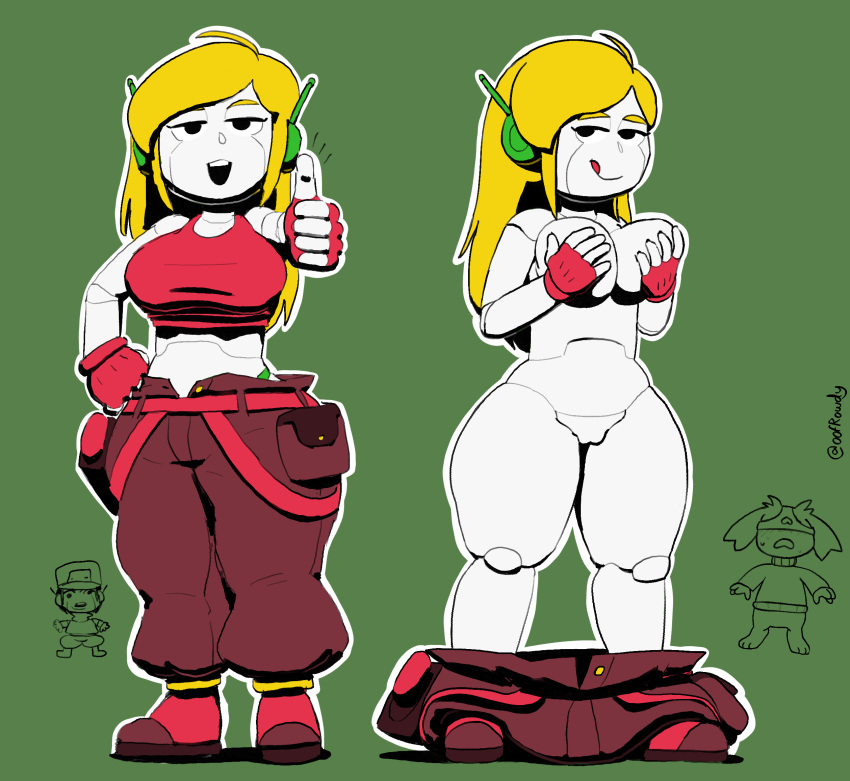 anthro big_breasts blonde_hair breasts cave_story clothed clothing covering covering_breasts curly_brace duo female genitals gesture green_background hair hi_res humanoid lagomorph licking licking_lips looking_at_viewer machine male mammal mimiga not_furry nude oofrowdy pussy quote_(cave_story) robot robot_humanoid simple_background thumbs_up tongue tongue_out underwear underwear_on_head video_games